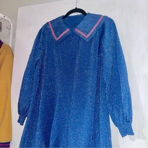 Cute blue sparkly sailor girl dress with pink collar